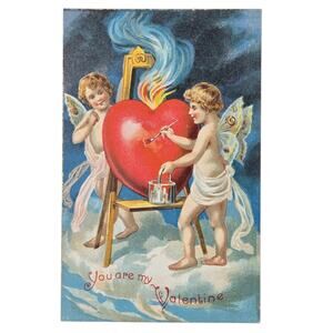Vintage Valentine Postcard Cupids Painting Flaming Red Heart in Clouds Unposted